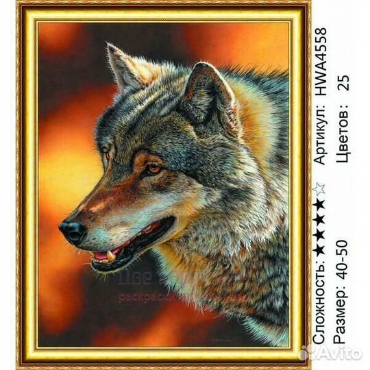 Алмазная мозаика 40x50 Взрослый серый волк