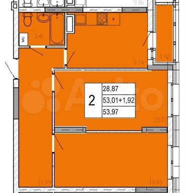 2-к. квартира, 53,9 м², 9/18 эт.