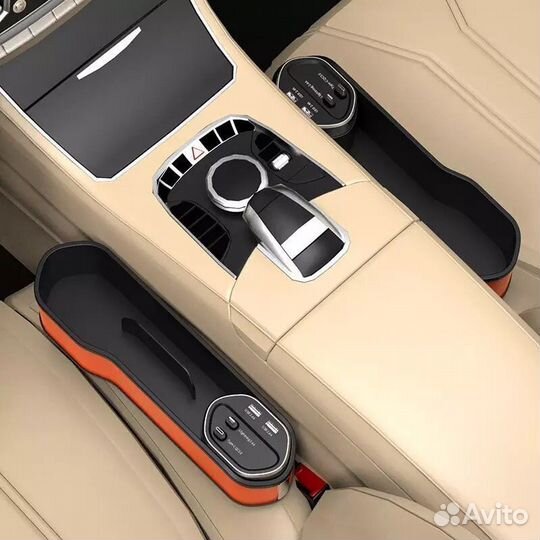 Органайзер на сиденье автомобильный, с подстаканником на центральный тоннель + З/У