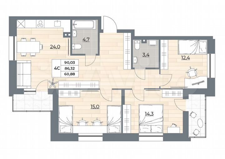 4-к. квартира, 90 м², 16/25 эт.