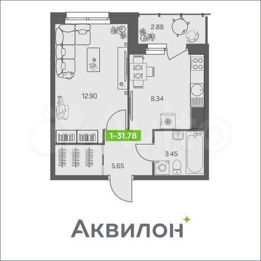 1-к. квартира, 31,8 м², 3/8 эт.