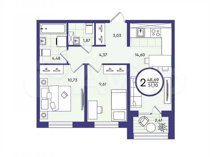 2-к. квартира, 51,1 м², 3/4 эт.