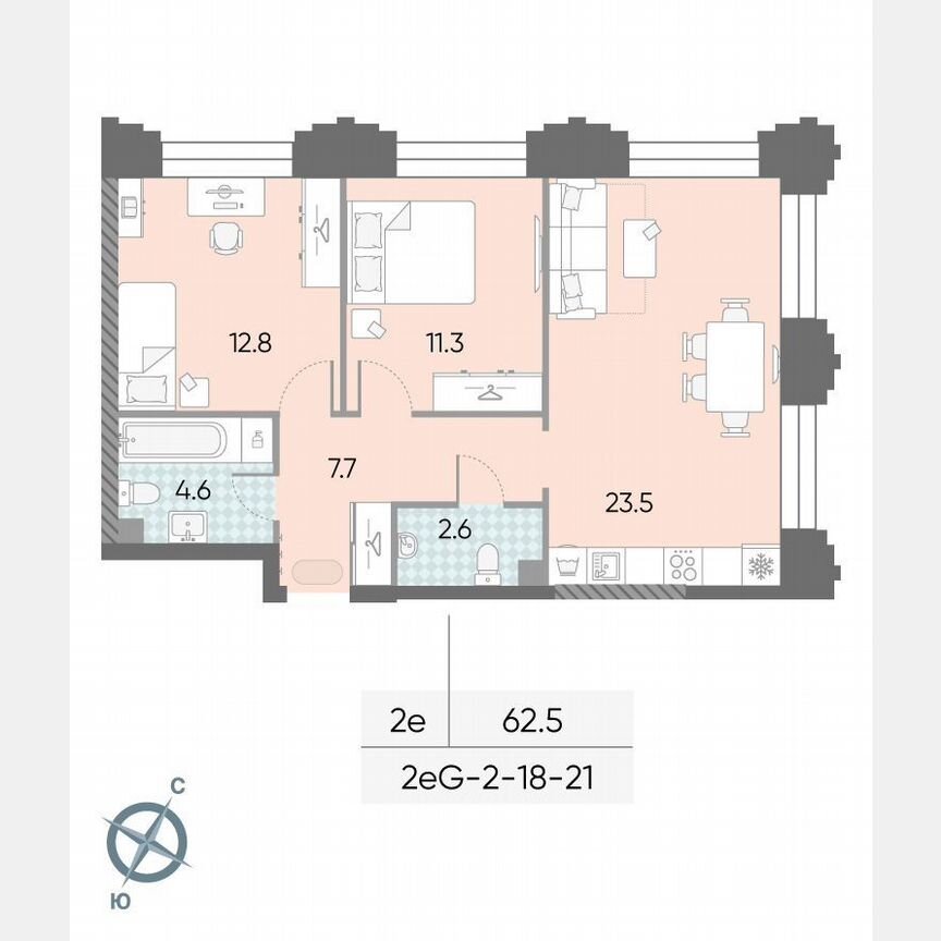 2-к. квартира, 62,5 м², 21/43 эт.