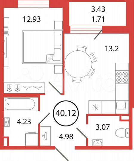 1-к. квартира, 40,1 м², 3/12 эт.