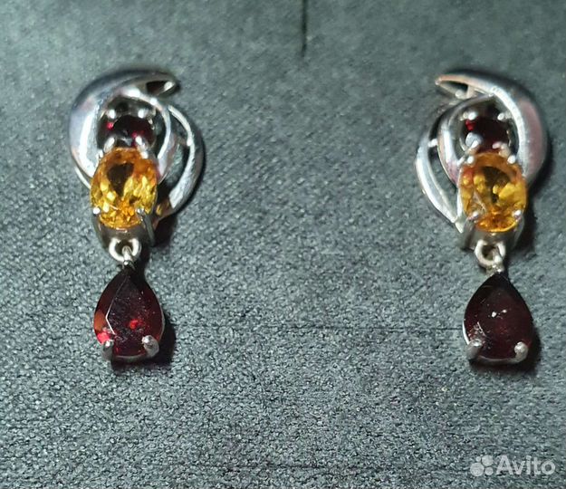 Серебряные серьги с цитрином и гранатом