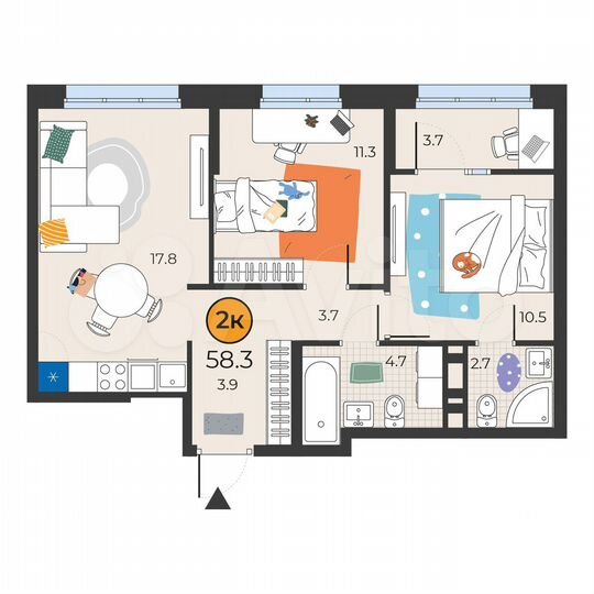 2-к. квартира, 58,3 м², 13/14 эт.