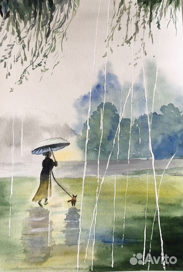 Картина акварелью «Летний дождь»