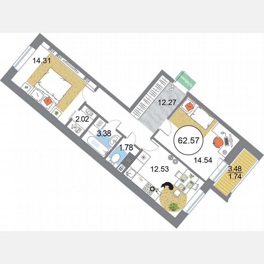 2-к. квартира, 62,6 м², 8/12 эт.
