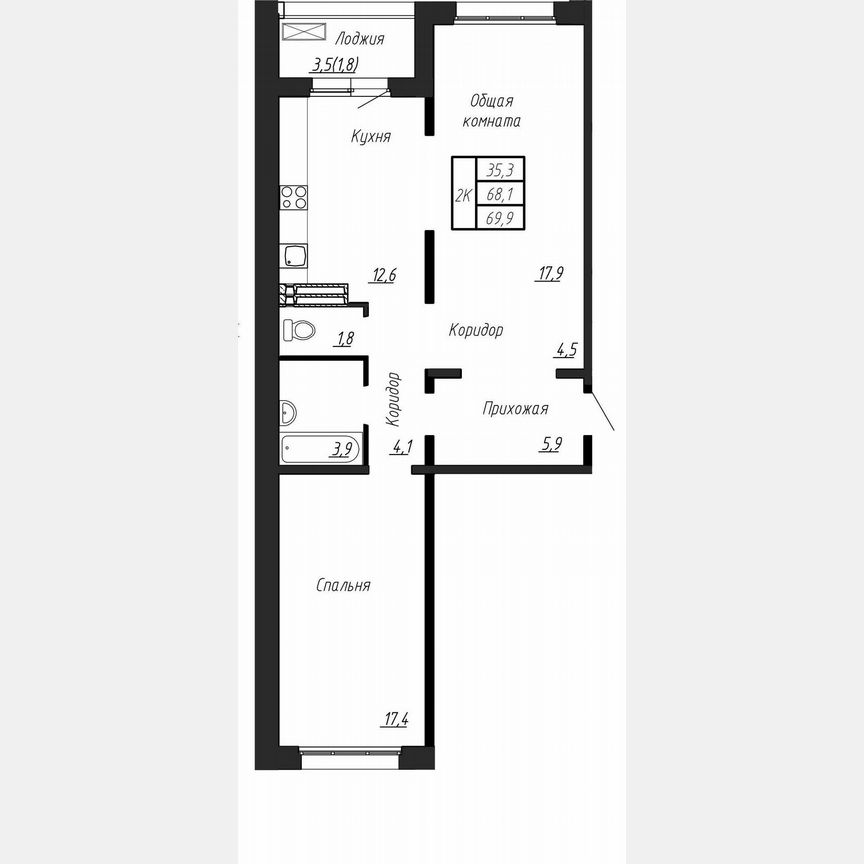 2-к. квартира, 69,9 м², 14/17 эт.