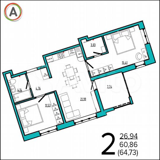 2-к. квартира, 64,7 м², 2/17 эт.