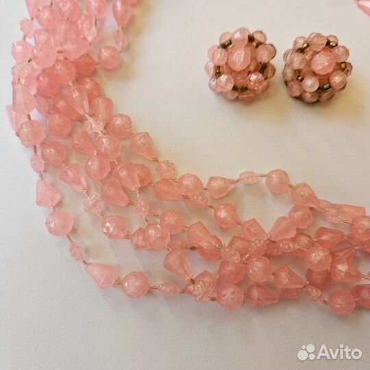 Винтажный комплект бусы клипсы розовый 1960е