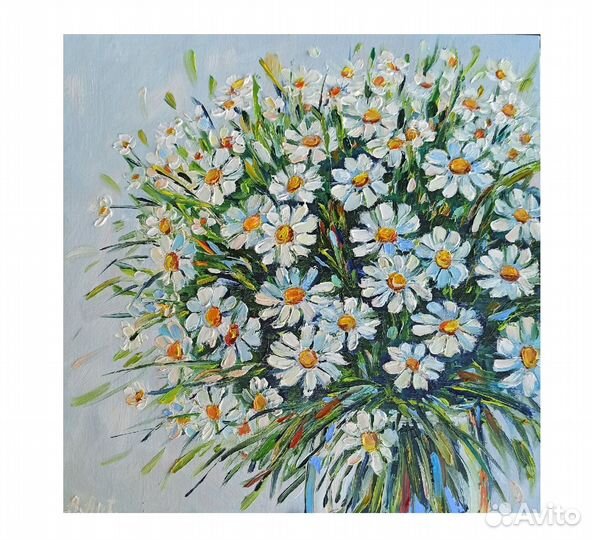 Картина Ромашки маслом цветы полевые холст 30х30см