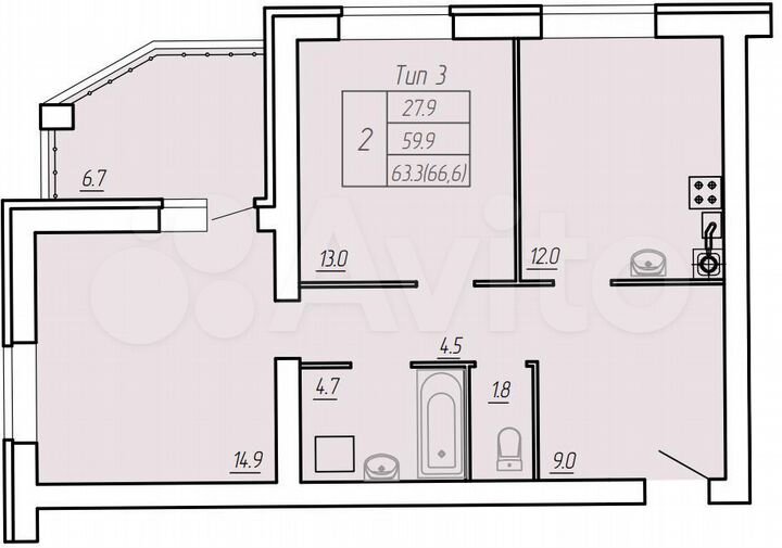 2-к. квартира, 66,6 м², 8/9 эт.