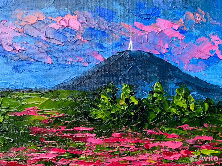 Картина маслом магнитик горный пейзаж Машук цветы