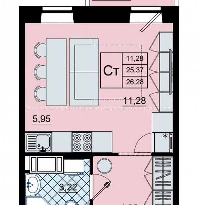 Квартира-студия, 26,3 м², 7/9 эт.