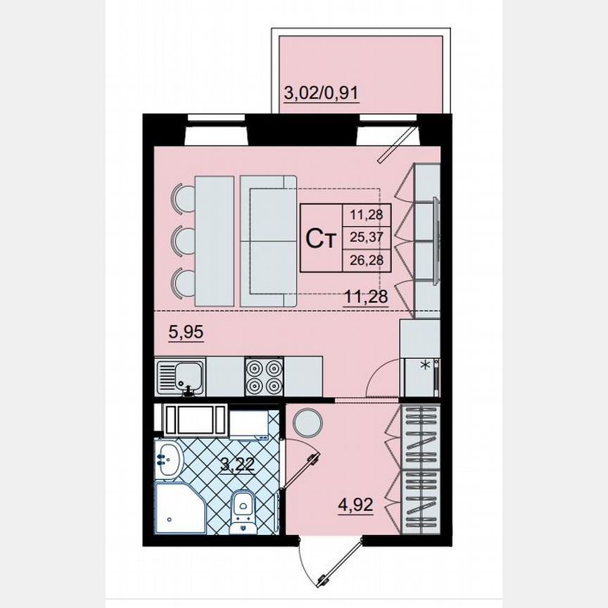 Квартира-студия, 26,3 м², 7/9 эт.