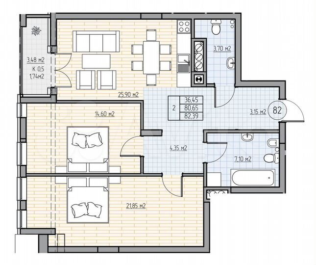 2-к. квартира, 82,7 м², 7/7 эт.