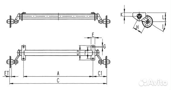 Резино-жгутовая ось прицепа 750 кг, Размер А любой