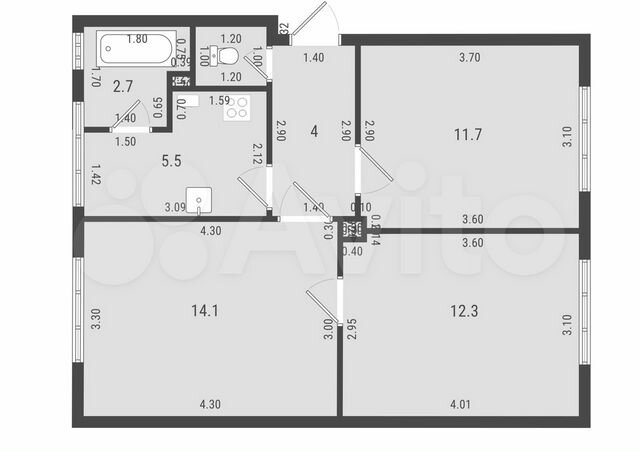 3-к. квартира, 52,4 м², 1/2 эт.