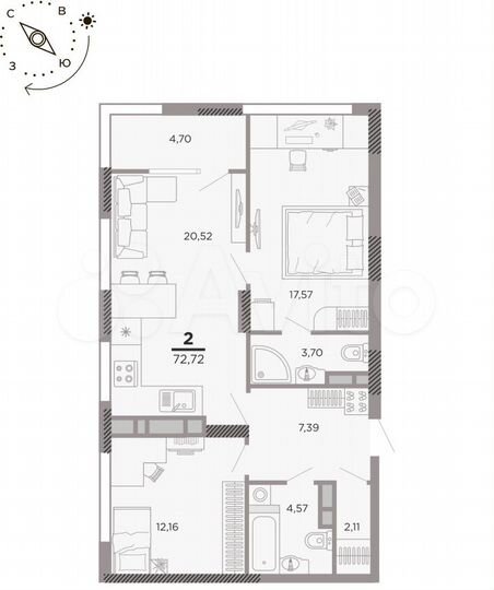 2-к. квартира, 72,7 м², 21/25 эт.