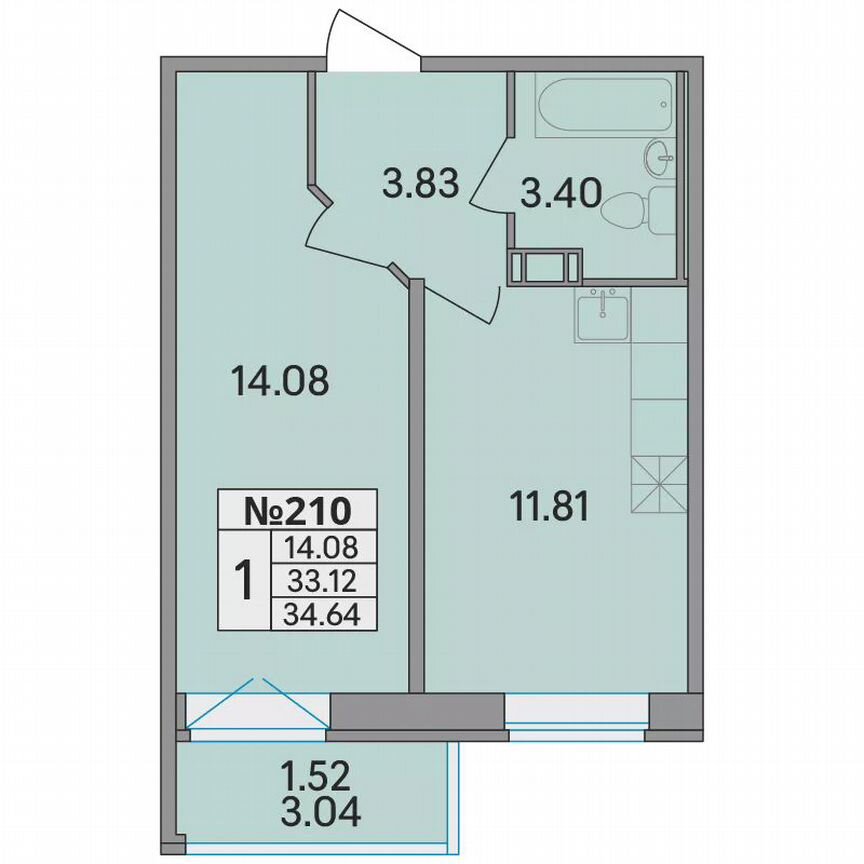 1-к. квартира, 34,6 м², 3/8 эт.