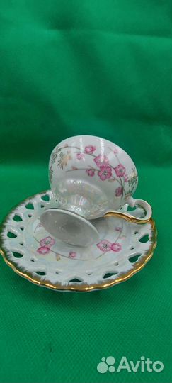 Антикварная чайная пара прорезной фарфор