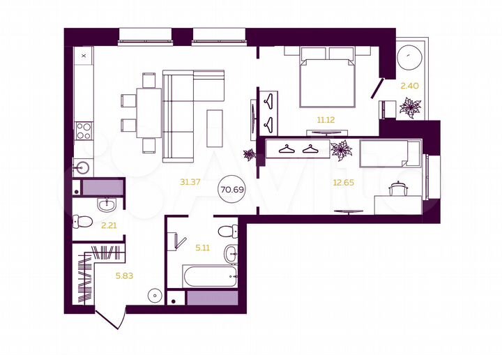 2-к. квартира, 70,7 м², 22/23 эт.
