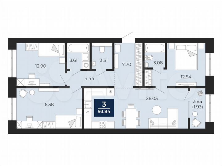 3-к. квартира, 93,8 м², 3/12 эт.