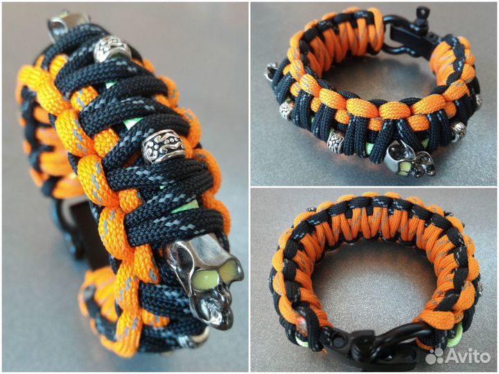Браслет из паракорда 550 двойной с черепами фосфор