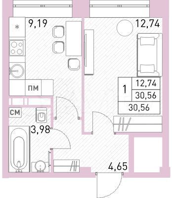 1-к. квартира, 30,6 м², 3/17 эт.