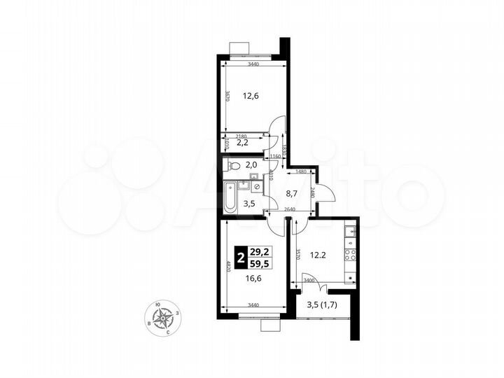 2-к. квартира, 59,5 м², 22/25 эт.