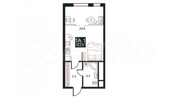 Апартаменты-студия, 34,7 м², 17/21 эт.