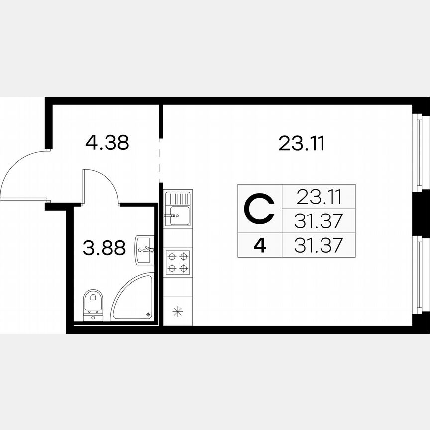 Квартира-студия, 31,4 м², 1/15 эт.