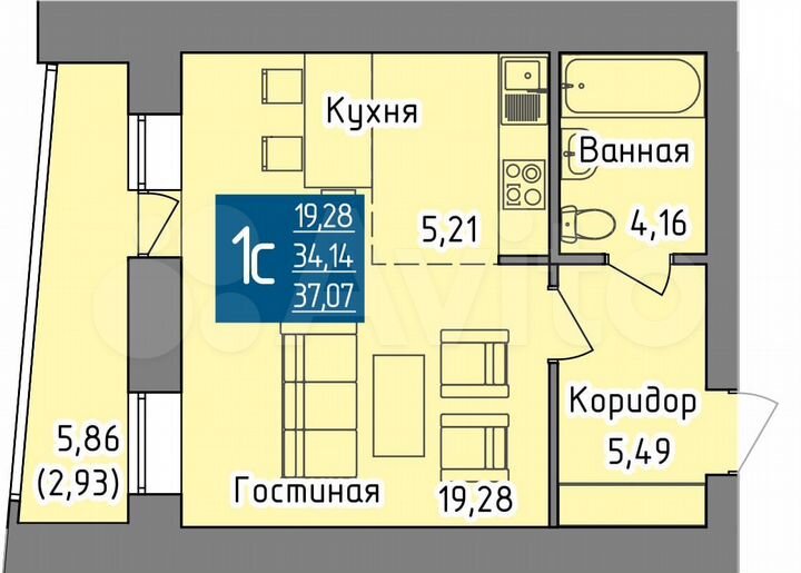 1-к. квартира, 37,1 м², 8/19 эт.