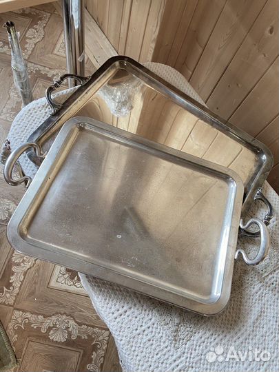 Антикварный большой поднос медь серебрение Испания