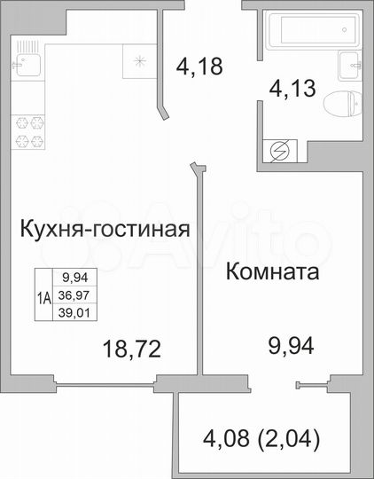 1-к. квартира, 39 м², 6/9 эт.