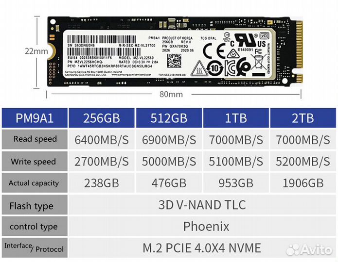 SSD накопитель Samsung 1 тб PM9A1, M.2 2280