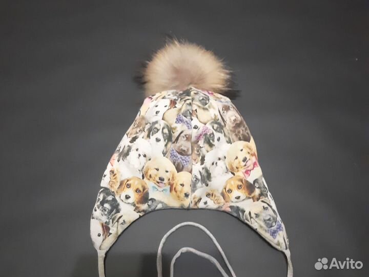 Шапка детская зимняя с помпоном енот 50-54 собачки