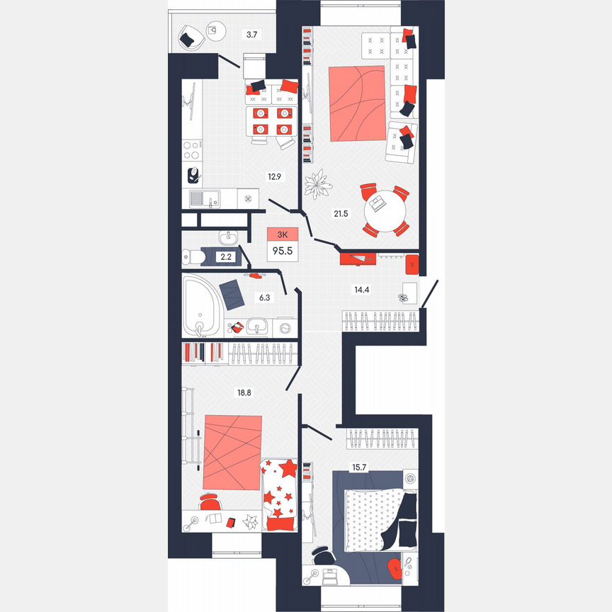 3-к. квартира, 95,5 м², 2/9 эт.