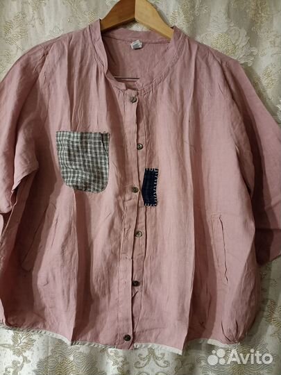 Блузка рубашка женская лён с карманами