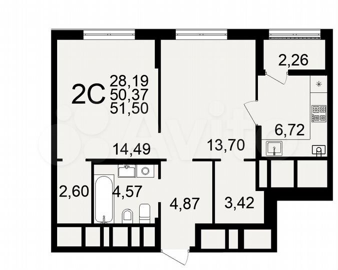 2-к. квартира, 51,5 м², 22/26 эт.