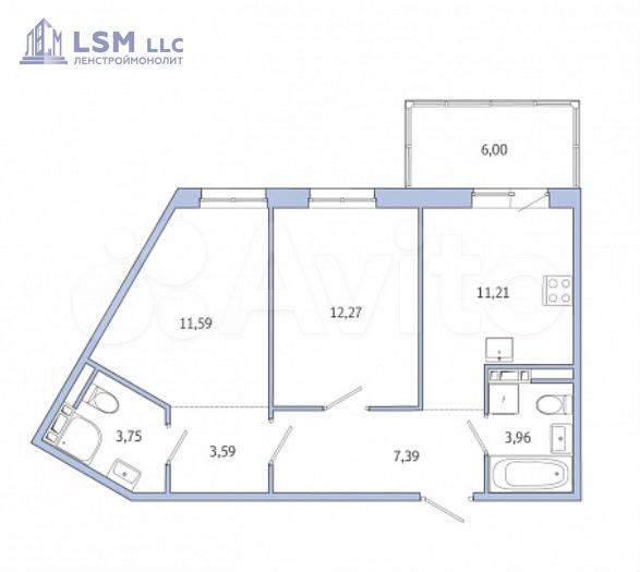 2-к. квартира, 55,5 м², 7/10 эт.