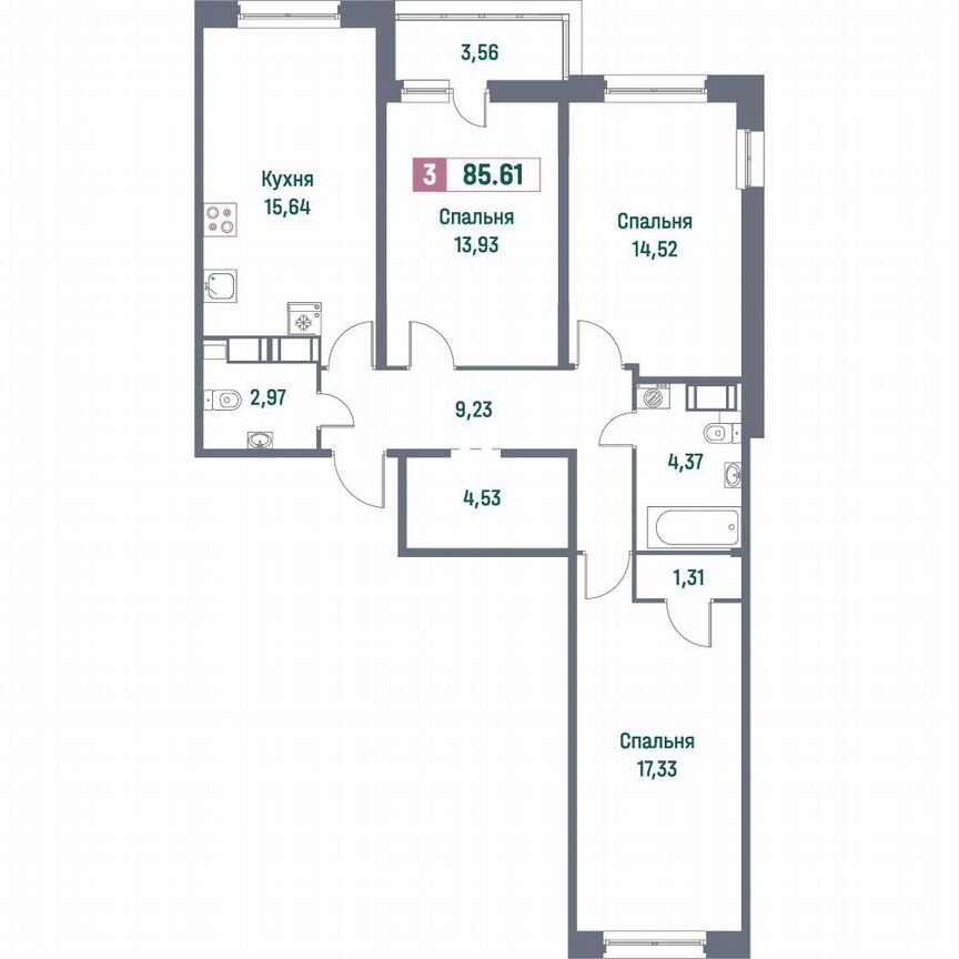 3-к. квартира, 85,6 м², 15/16 эт.