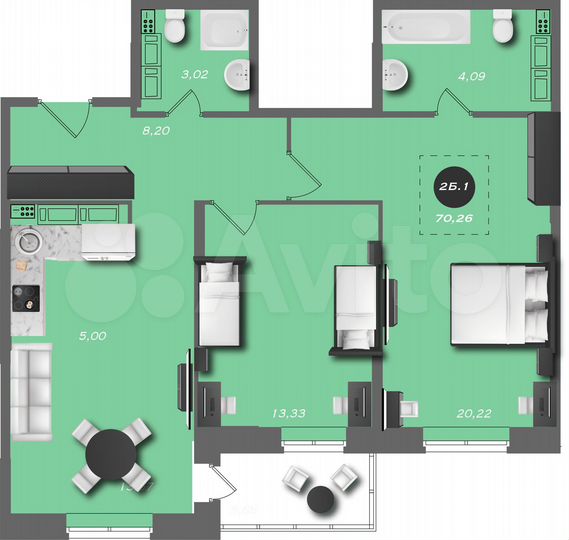 2-к. квартира, 70,3 м², 16/22 эт.