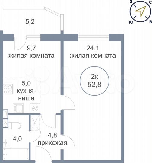 2-к. квартира, 52,8 м², 2/4 эт.