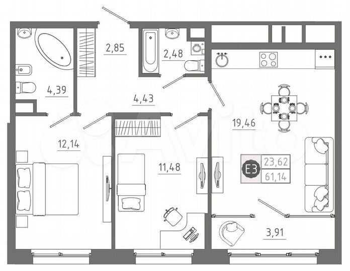 2-к. квартира, 61,1 м², 3/10 эт.