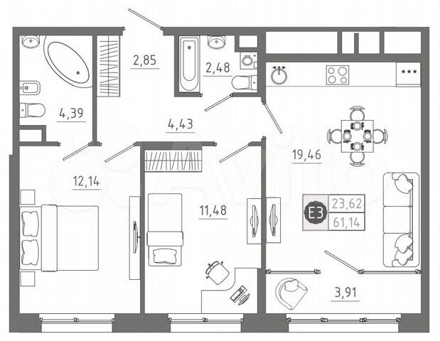 2-к. квартира, 61,1 м², 3/10 эт.