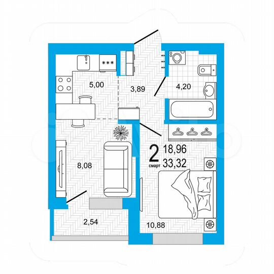 2-к. квартира, 33,3 м², 1/26 эт.