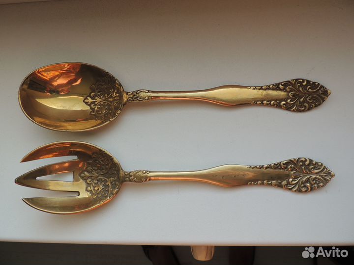 Вилка ложка для салата латунь бронза