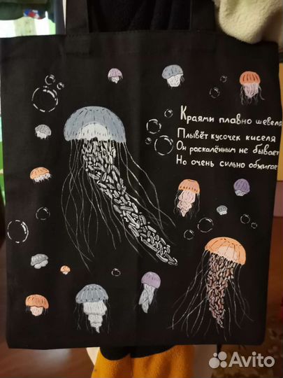 Шоппер, сумка чёрная, аниме. Рисую сама